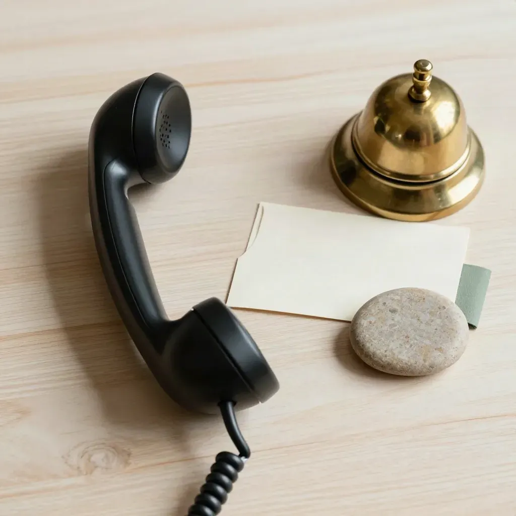 Top-down still life of a black handset, brass bell, cream card and stone coaster on pale wood.