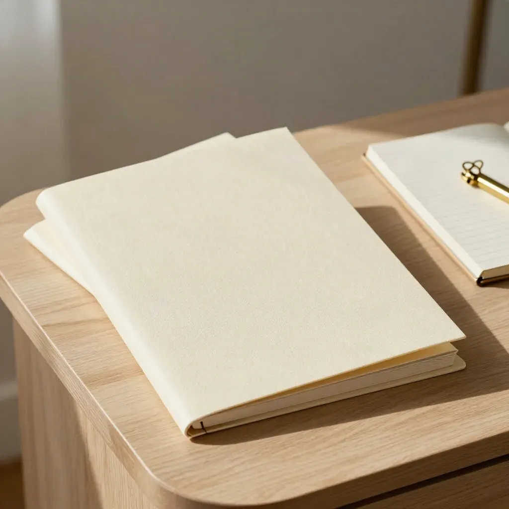 Sealed project folder, dividers, notebook, and brass clips on a pale wood side table.