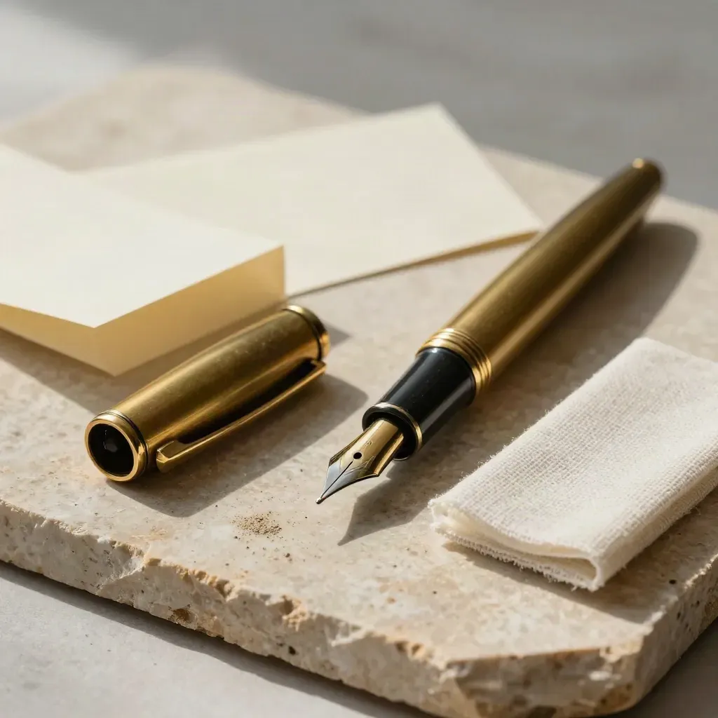 Pen, ink cap, folded proofs and linen blotter on warm stone in soft light.