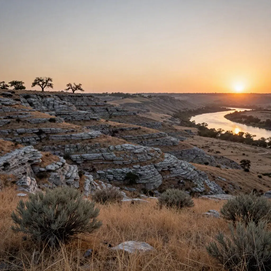 Copper dusk over Texas Hill Country limestone, live oaks, and a winding river in warm haze