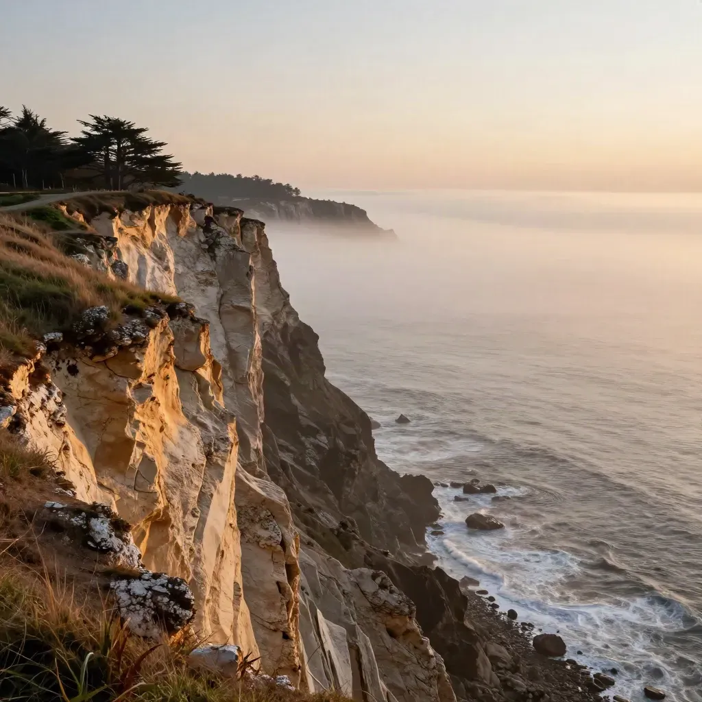 Foggy coastal bluff with surf and cypress, open space below for headline
