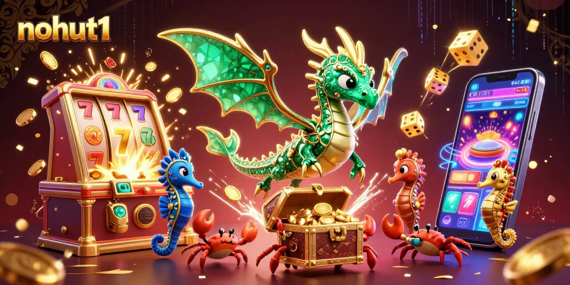 Nohut1 brings excitement with a cartoon sea dragon, slot machine, and dynamic casino games illustration.