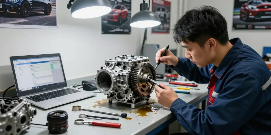 Expert examining a CD009 transmission for sale in a well-lit automotive workshop.