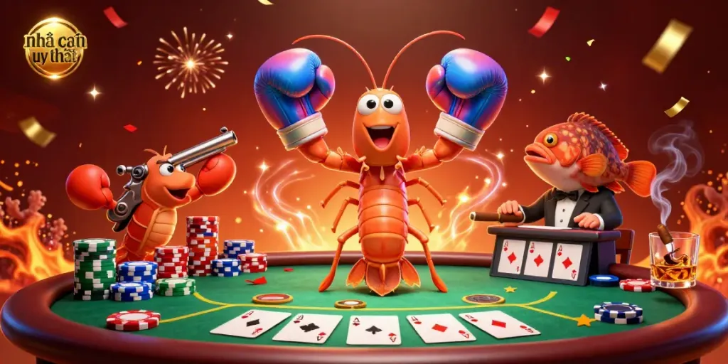 Engage with nhà cái uy tín at a vibrant poker showdown featuring animated aquatic characters.