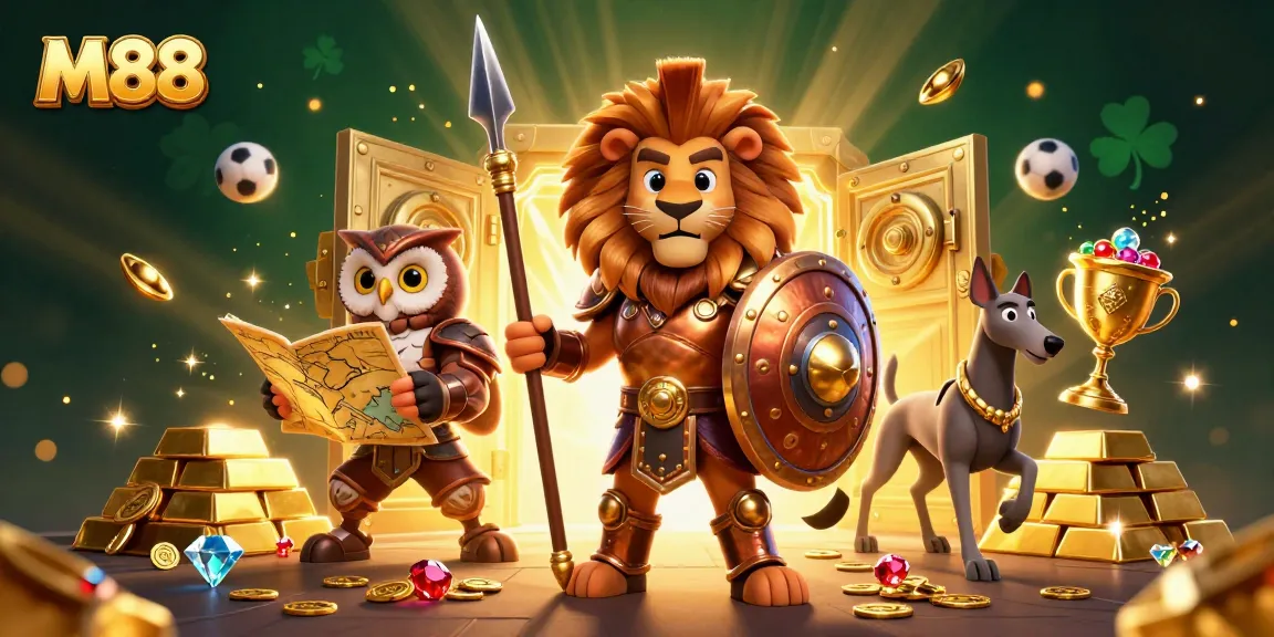 M88 enhances sports betting fun with a lively scene featuring a Spartan lion, owl strategist, and greyhound messenger amidst gold treasures.