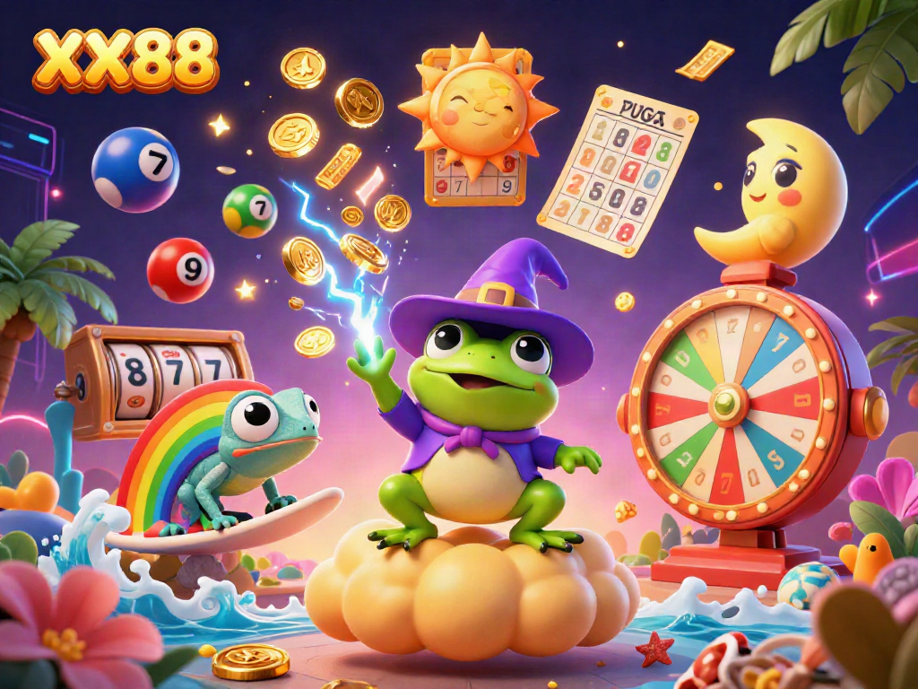 Join the excitement of gambling at XX88 with a colorful 3D scene of a wizard frog creating a golden coin storm.