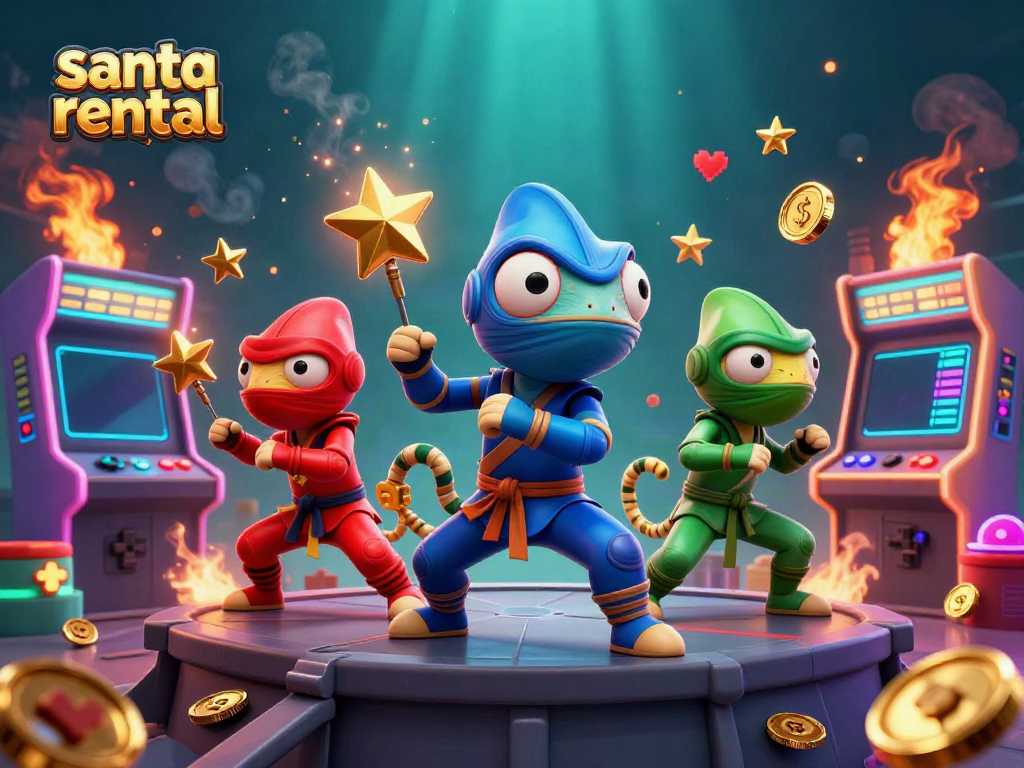 Synchronizing chameleon ninjas in a casino-themed scene promoting santa rental holiday entertainment.