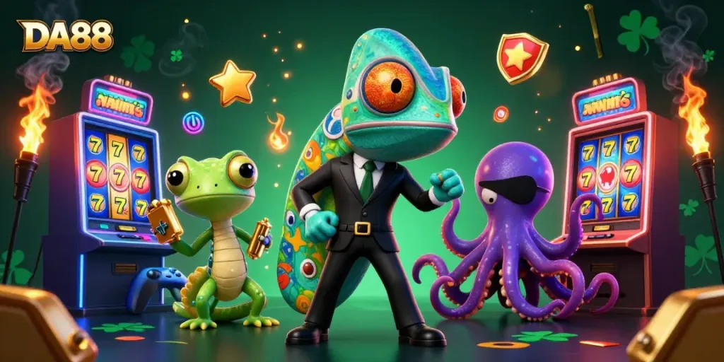 DA88 engages players with dynamic gaming experiences, featuring slot machines and vibrant characters.