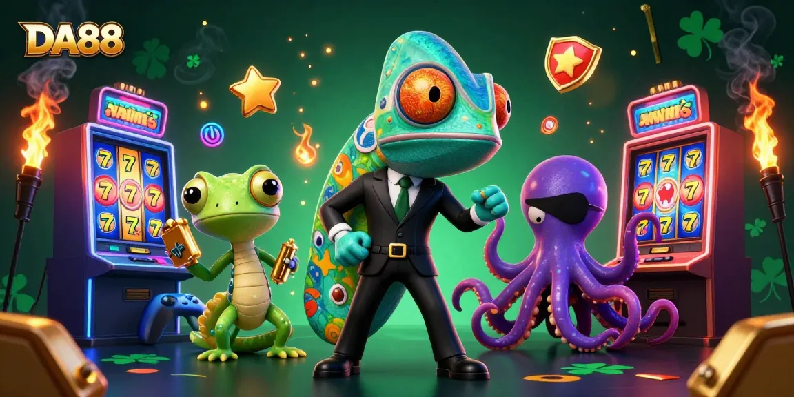 DA88 engages players with dynamic gaming experiences, featuring slot machines and vibrant characters.