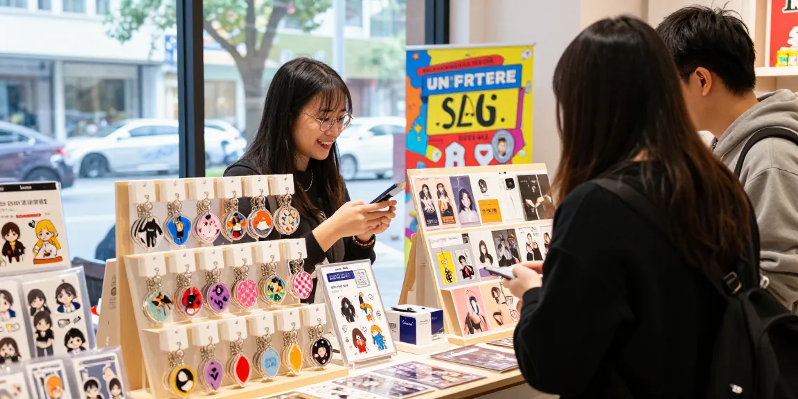 Custom acrylic keychain display in a vibrant retail setting with a shop attendant engaging customers.