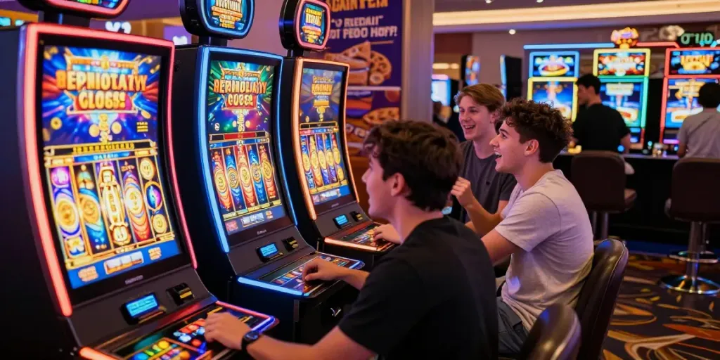 Excited players enjoying modern slot gaming at a vibrant casino.
