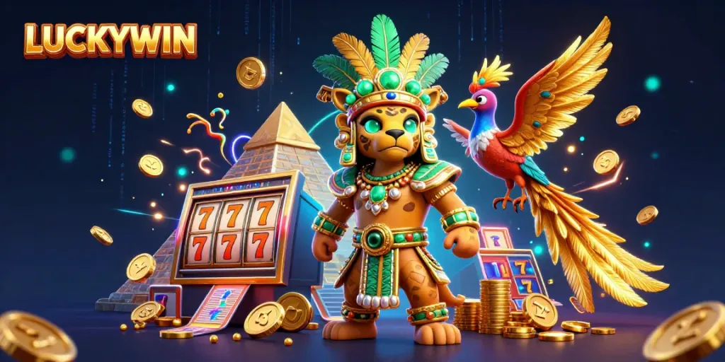 Spin to win jackpots at LUCKYWIN with exciting characters, slot reels, and golden coins all around.