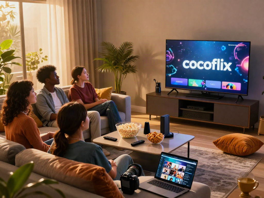 Friends enjoying a movie night with cocoflix streaming in a cozy living room.