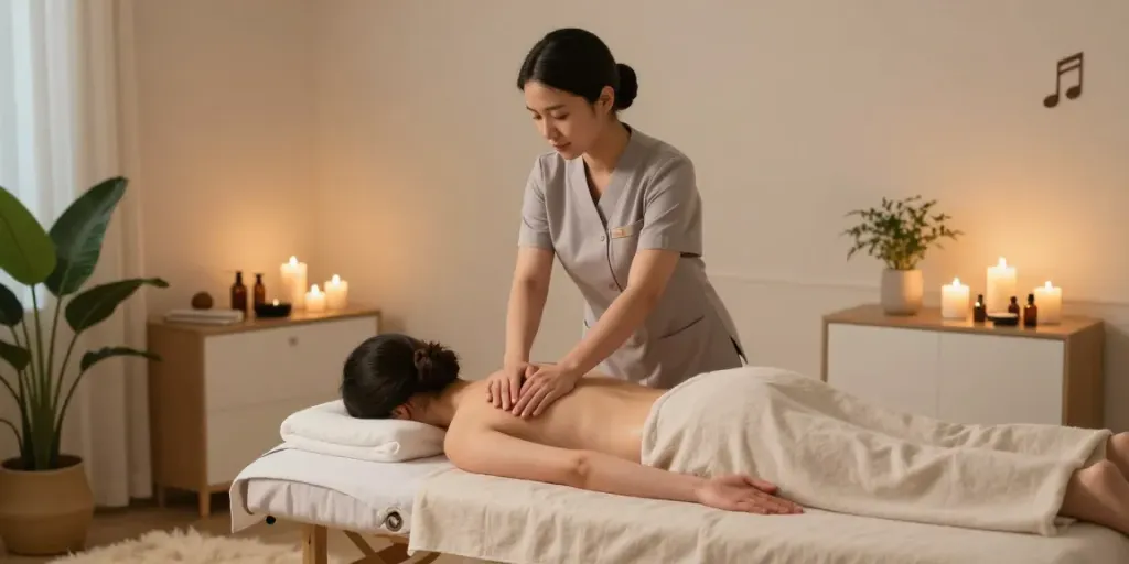 Professional female therapist offering 출장마사지 in a serene urban apartment with ambient lighting.