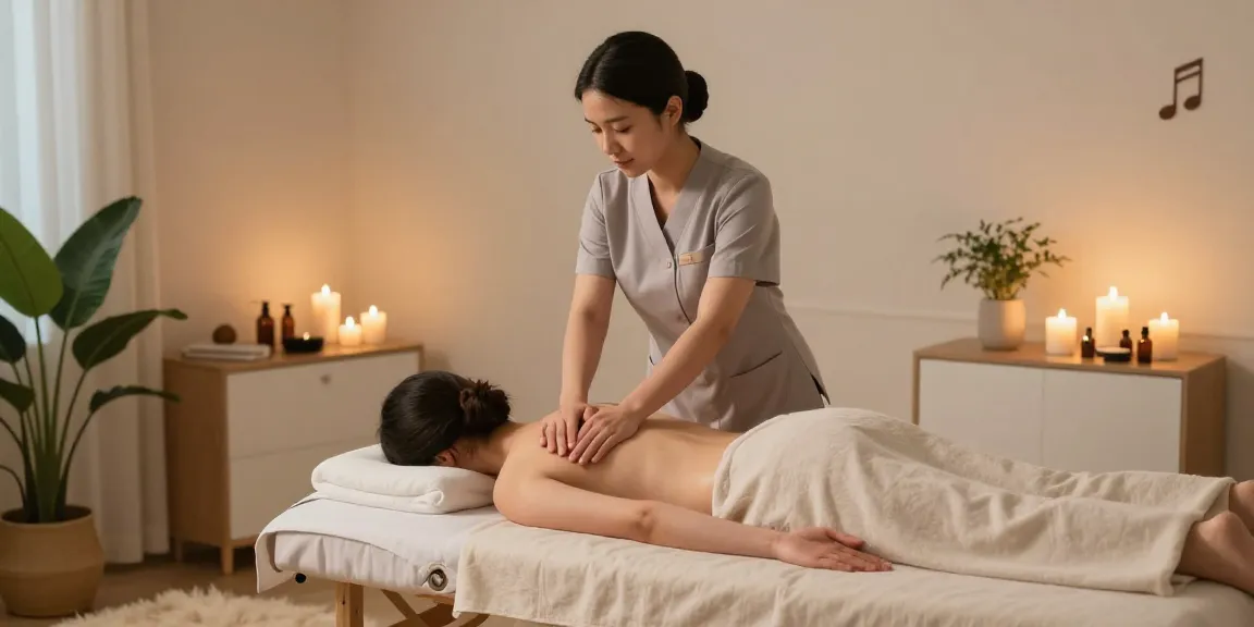 Professional female therapist offering 출장마사지 in a serene urban apartment with ambient lighting.