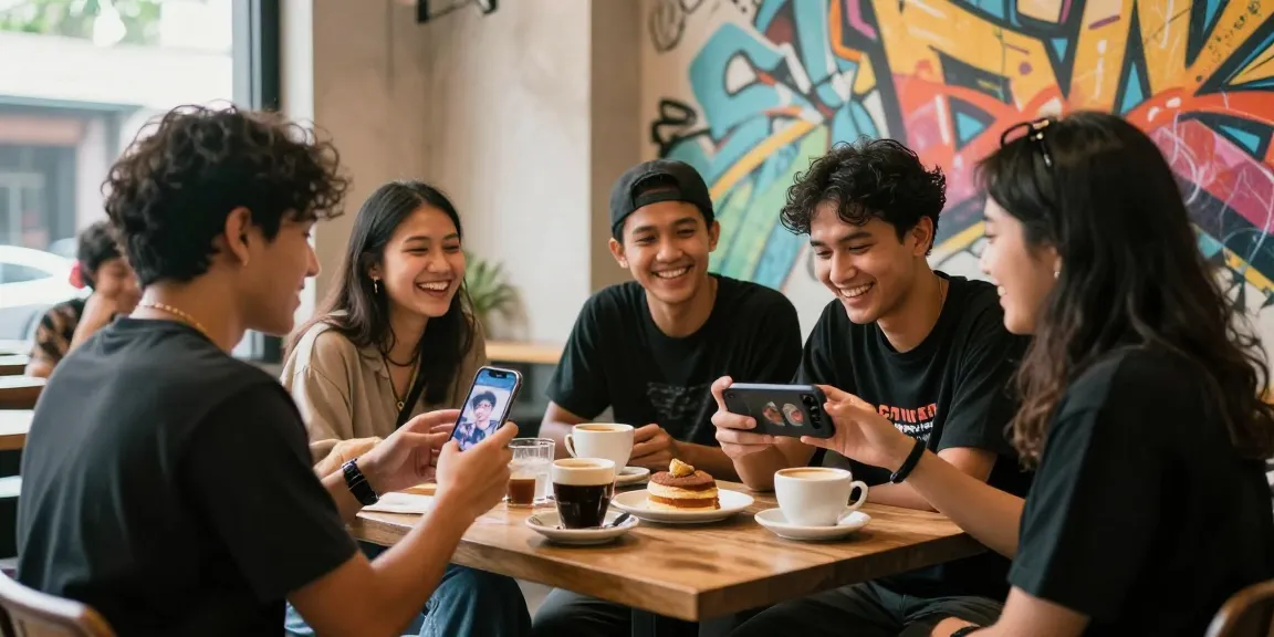 Bokep viral indonesia shared among friends in a trendy urban cafe.