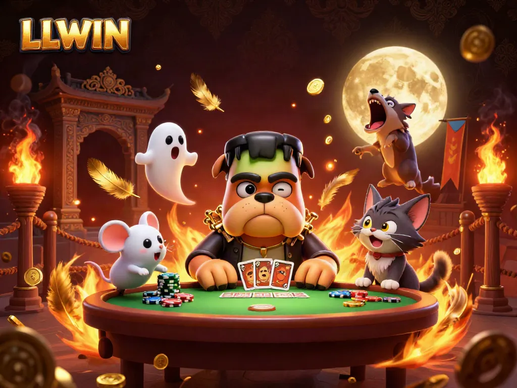 Experience the thrills of LLWIN as the Frankenstein bulldog distributes cards in an immersive gaming scene.