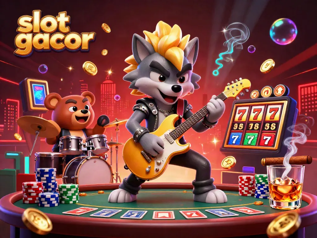 Experience the thrill of slot gacor with a vibrant 3D scene showcasing action, cards, and poker chips.