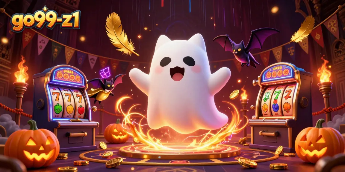 Experience go99-z1 with a friendly ghost cat in a haunted casino environment, surrounded by slot games.