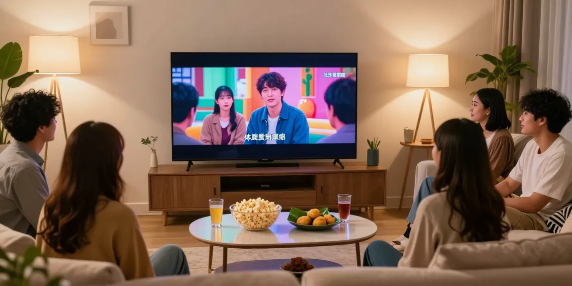 Group enjoying JAV films with Indonesian subtitles in cozy living room.