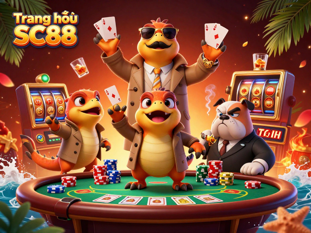 Engaging scene at Trang chủ SC88 with cartoon raptors and a bulldog bouncer entering a VIP casino lounge.