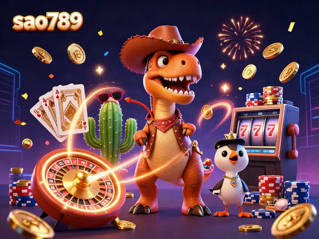 Experience explosive wins with Sao789's captivating casino atmosphere, showcasing vibrant characters and gaming elements.