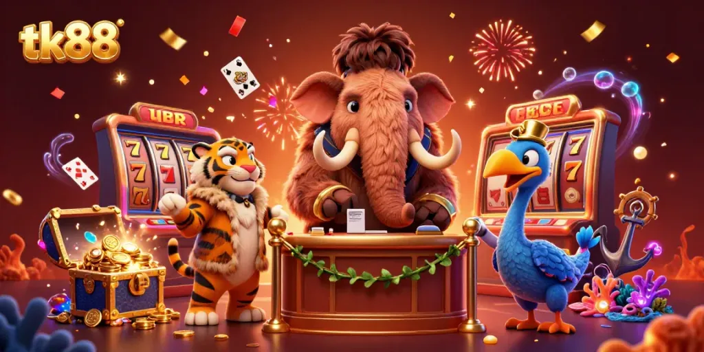 Engage with tk88's vibrant gaming experience featuring a woolly mammoth bouncer and slots