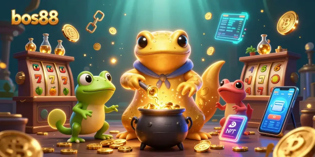 Permainan slot dan jackpot seru di bos88 bersama alkemis dan pembantu yang menciptakan koin emas.