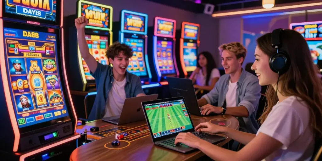 Experience the excitement of online gaming at DA88 with players engaged in slot games and sports betting.