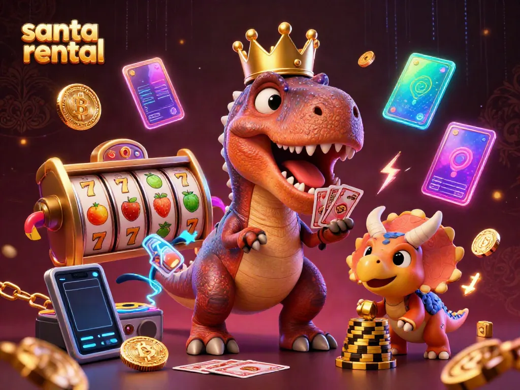 Engage with the festive spirit through this vibrant santa rental scene featuring playful characters in a casino environment.
