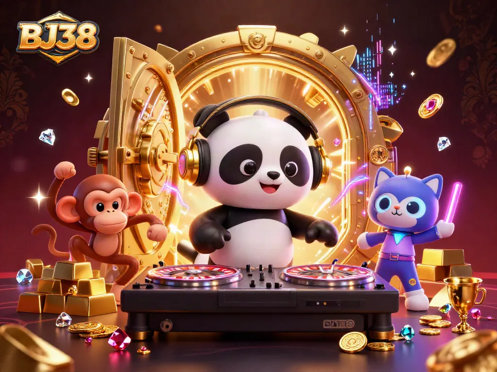 BJ38 showcases a lively DJ panda spinning roulette wheels with colorful characters basking in gold treasures.