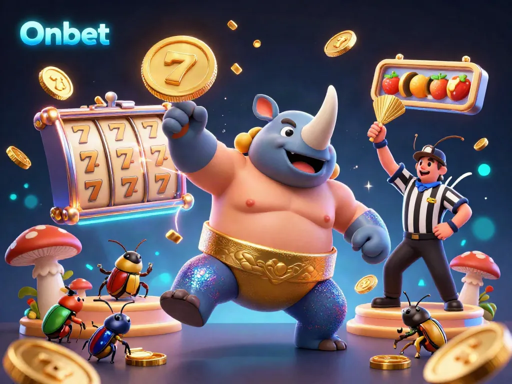 Engage with Onbet’s thrilling casino world featuring a rhinoceros beetle champion in an exciting betting scene.