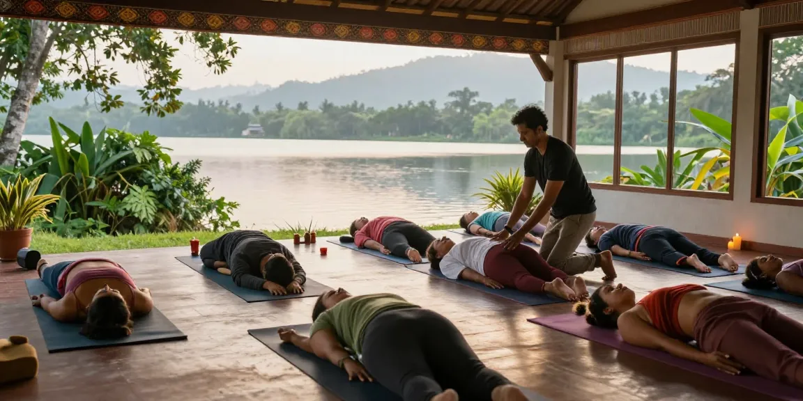 Group yoga practice during a 200 hour yoga teacher training sri lanka at a lakeside shala in serene morning light.