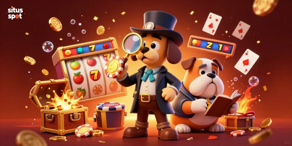Engage with the excitement of situs slot as a detective duo uncovers hidden treasures in a vibrant casino scene.