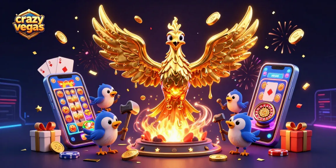 Experience fun at crazyvegas with a golden phoenix and casino games flying coins and vibrant action.