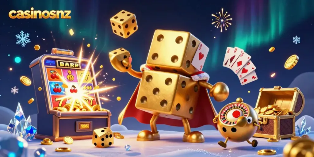 Engage with casinosnz in a vibrant 3D scene showcasing excitement and playful gaming elements.