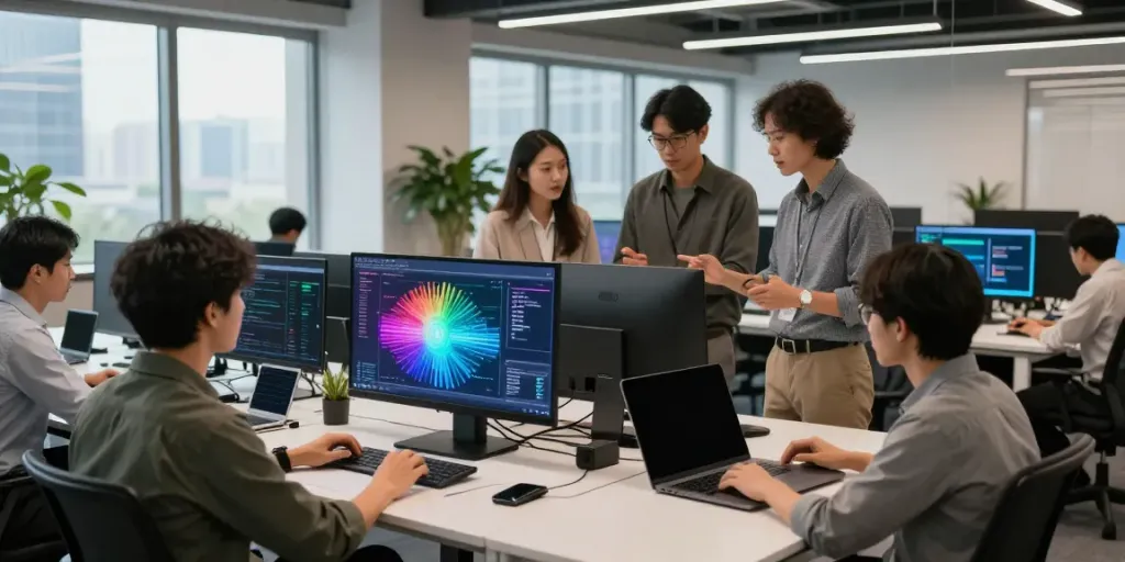 AI infrastructure team analyzing power metrics in a modern office.