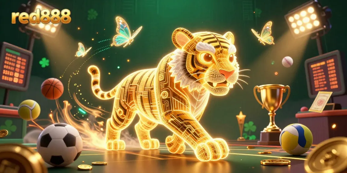 Join the thrilling action at red888 with a neon tiger and holographic butterflies in a vibrant digital casino.