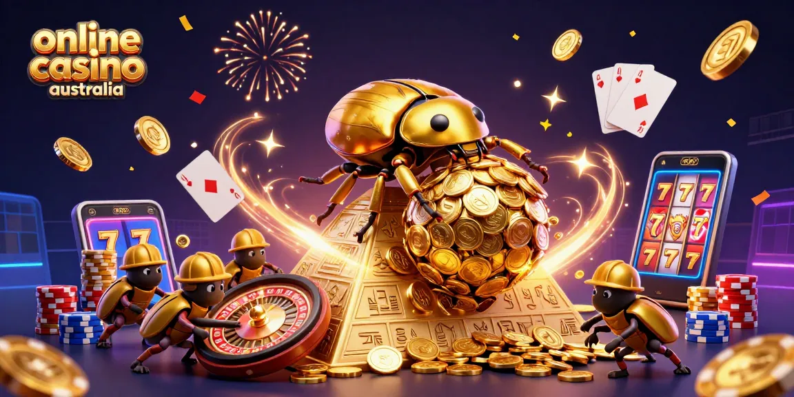 Experience the thrill of online casino Australia with colorful elements, golden coins, and vivid symbols.
