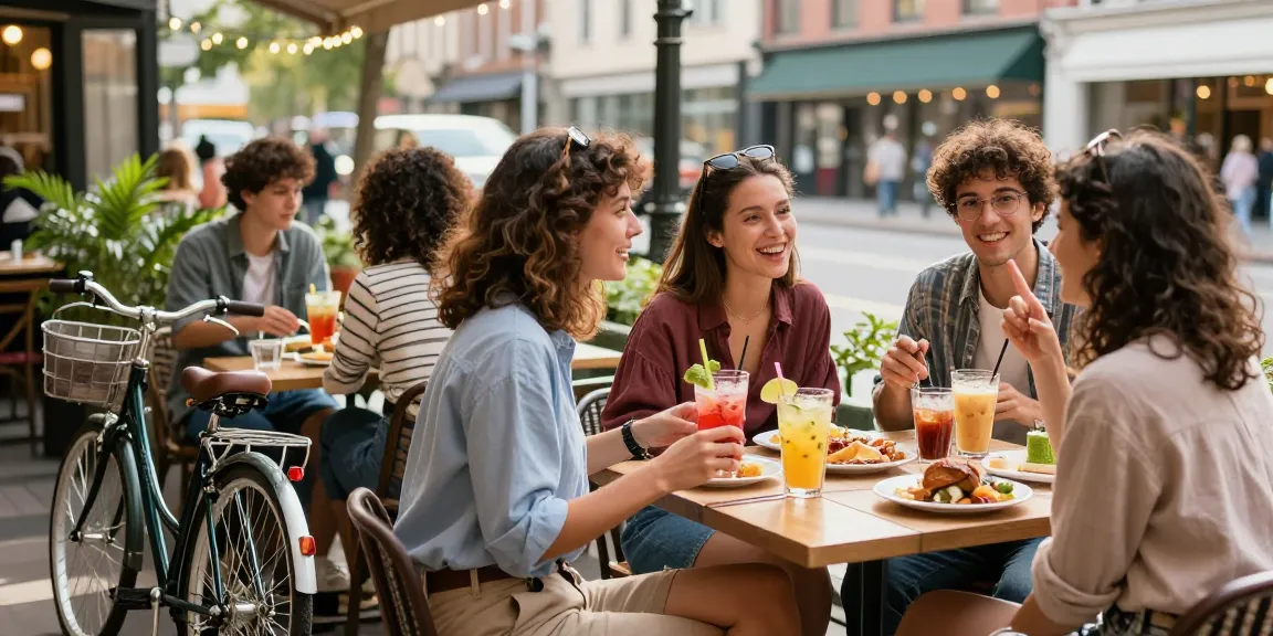 Friends enjoying vibrant outdoor café scene with Motchill drinks and gourmet food