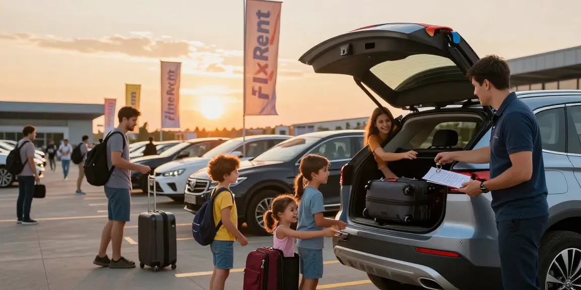 FlexRent Chirie Auto Chisinau family renting a well-maintained SUV at Chișinău airport during sunset.
