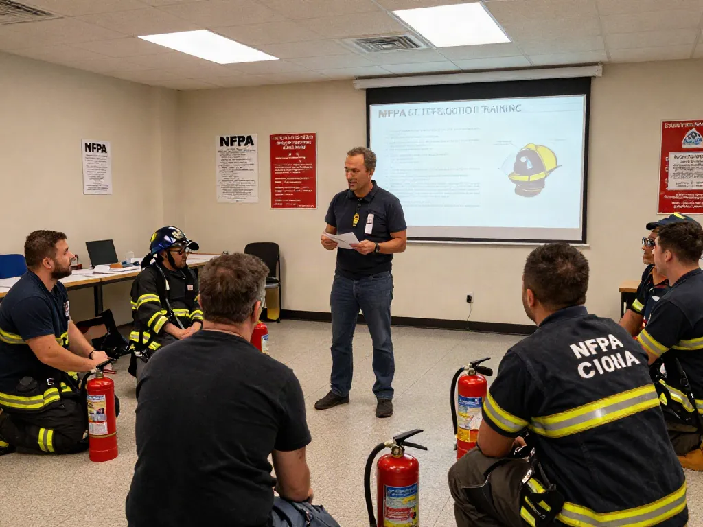 Participants engaged in NFPA Certification Training, hands-on fire safety techniques, and instructor-led workshop.