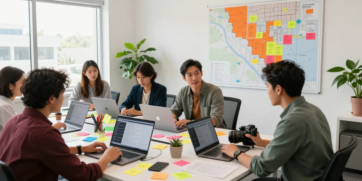 Orange County SEO company team collaborating on local marketing strategies with analytics and maps.
