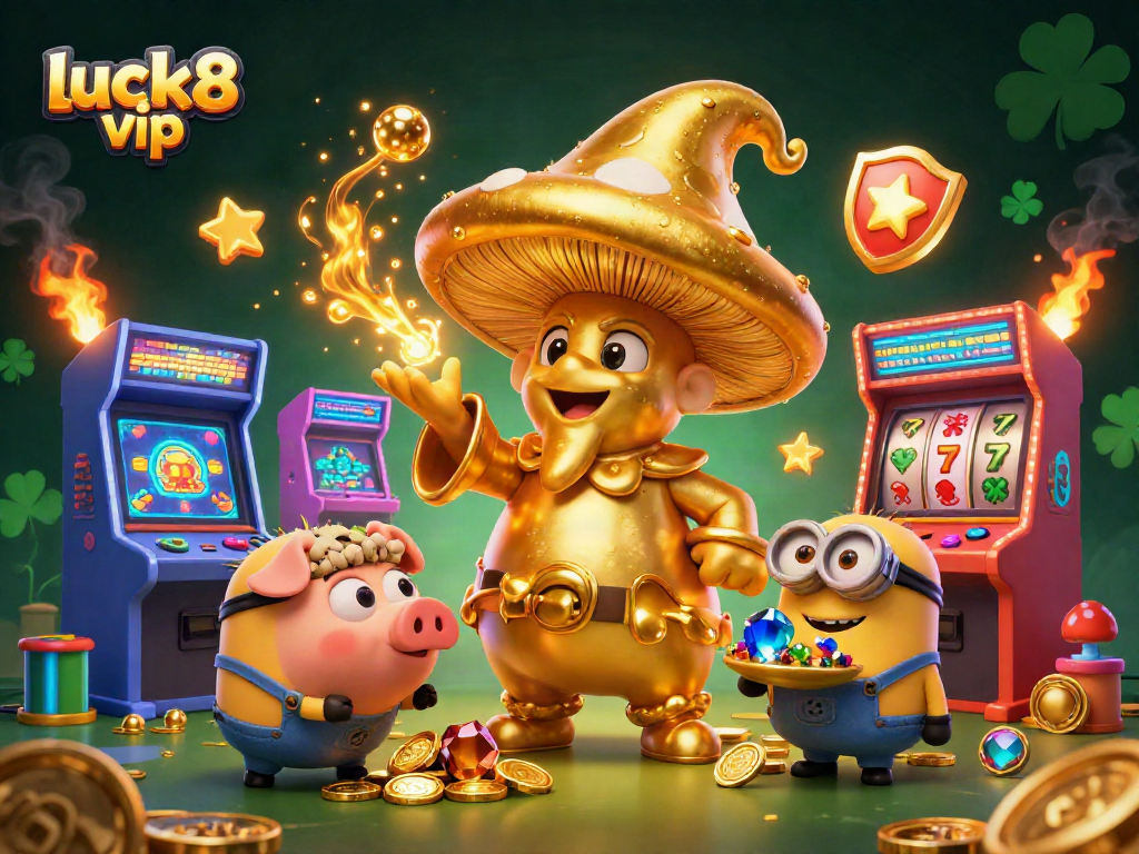 Experience luck8 vip with a magical golden wizard, retro games, and treasure amidst vibrant casino elements.