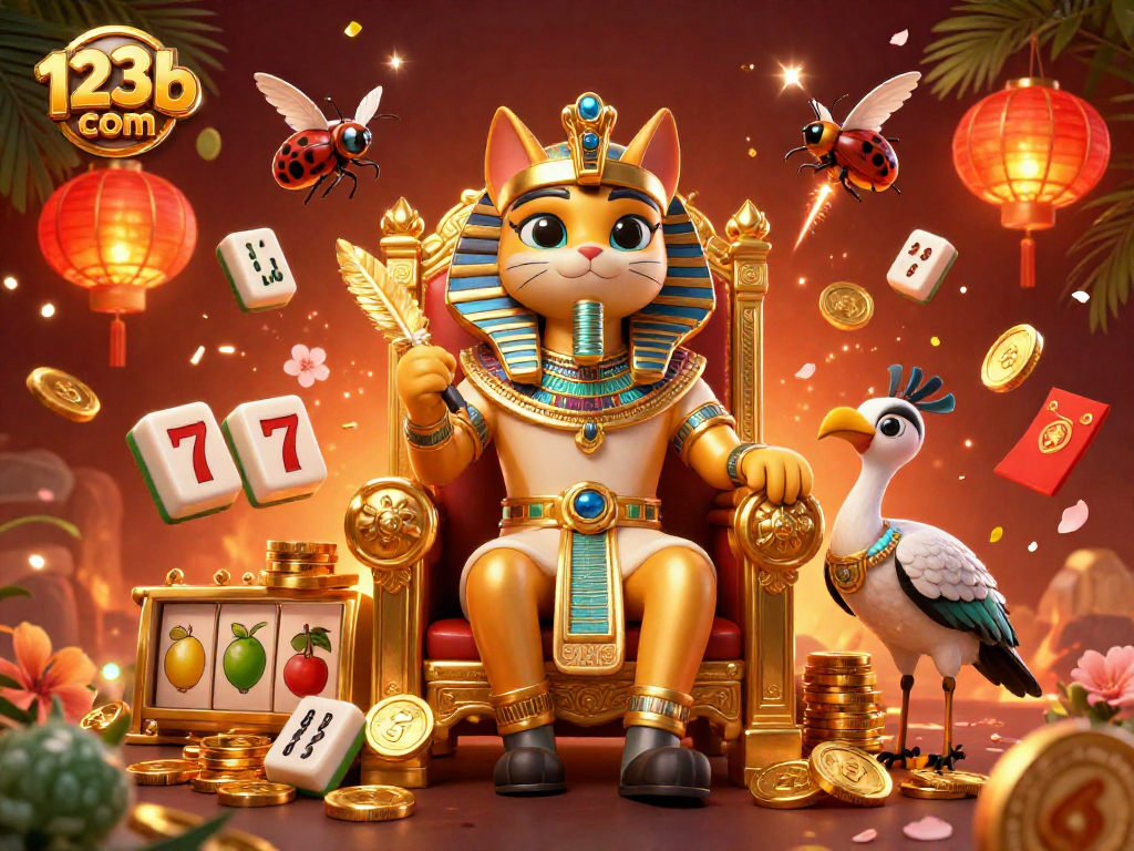 Engage with the vibrant 123b com casino scene featuring a cartoon pharaoh cat and immersive slot symbols.