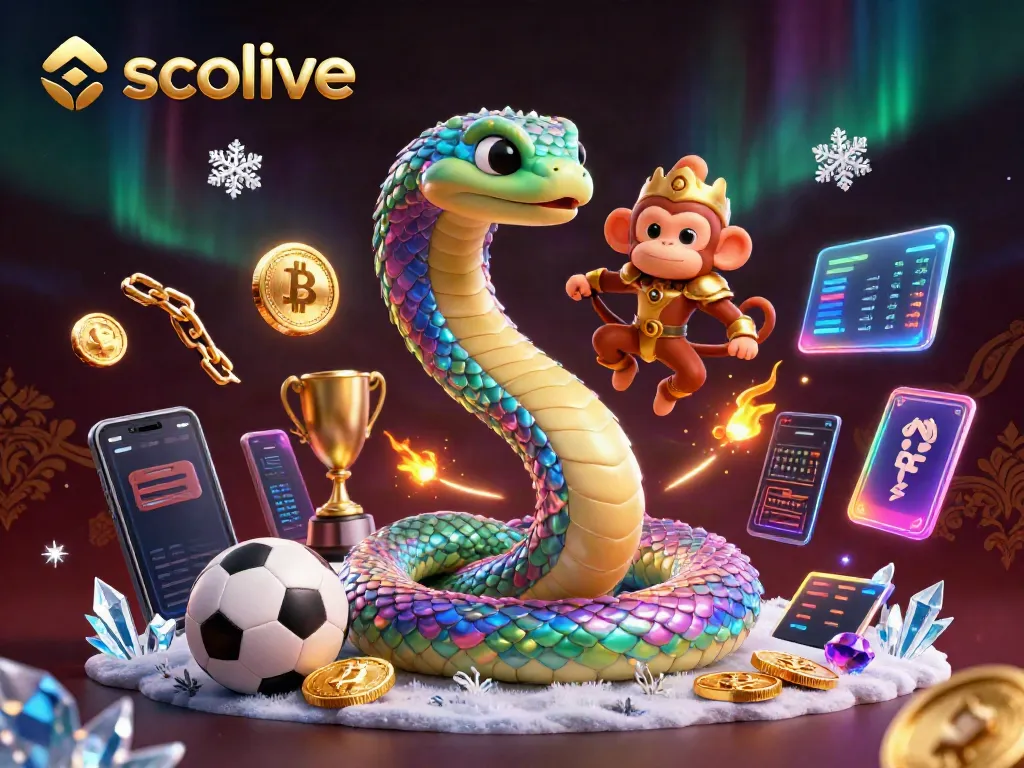Socolive sports betting scene with a vibrant rainbow serpent and playful monkey amid glowing cryptocurrency