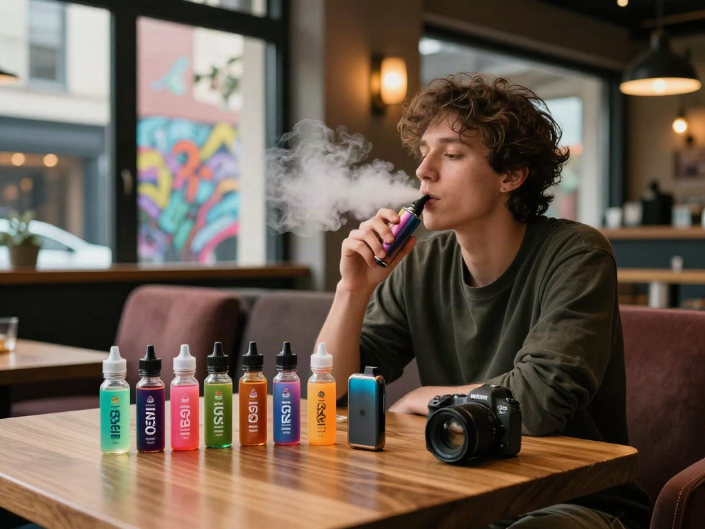 Nicotine salt vape bottles displayed in a stylish urban lounge.