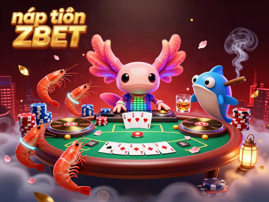 Nạp tiền ZBET with vibrant axolotl DJ and dynamic poker scene illustrating fun gambling experience.
