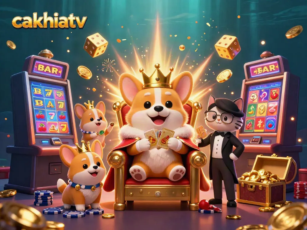 Cakhiatv brings excitement with a corgi monarch in a poker chip throne, celebrating jackpots.