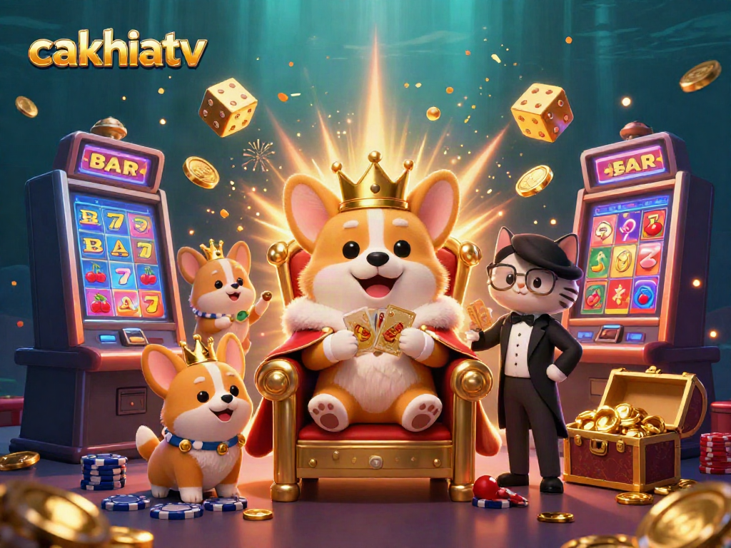 Cakhiatv brings excitement with a corgi monarch in a poker chip throne, celebrating jackpots.